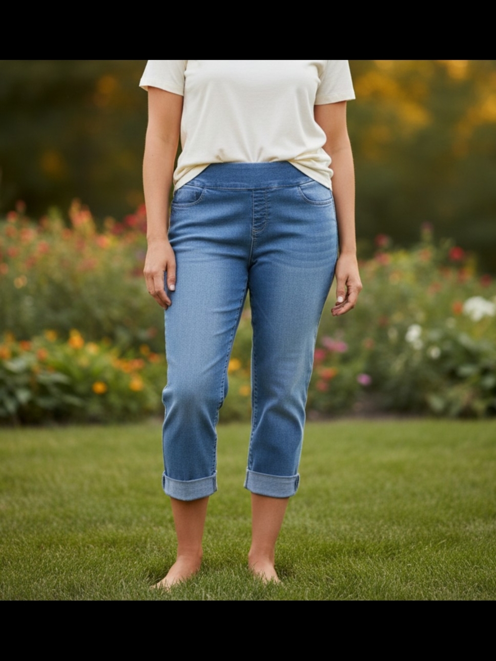 Women’s Light Wash Rolled Cuff Stretch Capris